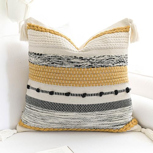 BlissBlush Yellow Mustard Decorative Throw Pillow Cover 18x18 Square Boho Accent Pillowcase Tassels Farmhouse Cushion for Couch Sofa Bedroom Living Room Home Décor Cover ONLY - color: Mustard, size: 18" x 18" (Pack of 1)
