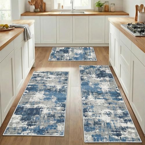 Kitchen Rugs Sets of 3 Non Slip Washable Mats for Floor, Blue - color: Blue