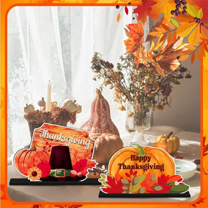 CroBlissful 6 Pcs Thanksgiving Wood Table Centerpiece, Turkey Pumpkin Decor - style: Thanksgiving