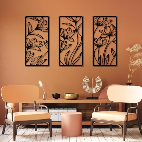 YIYA 3 Pcs Black Metal Flower Wall Art Minimalist Floral Line Art Sculpture 16.9" x 7.9" Rustic Iron Hanging Decor for Living Room Bedroom Bathroom（Lily） - style: lily