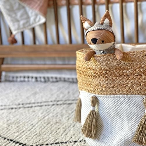 Crane Baby Fabric Round Nursery Storage Basket, Cotton & Jute , 13" x 12" - size: 13 x 12 Inches, style: Jute
