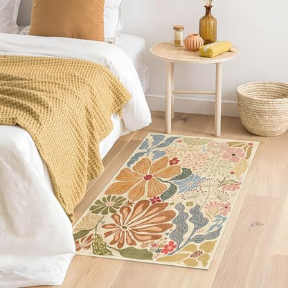 MUJOO 2x3 Washable Rug Floral Small Area Rugs Non Slip Low-Pile Beige - color: Beige, size: 2' x 3' (Rectangular)