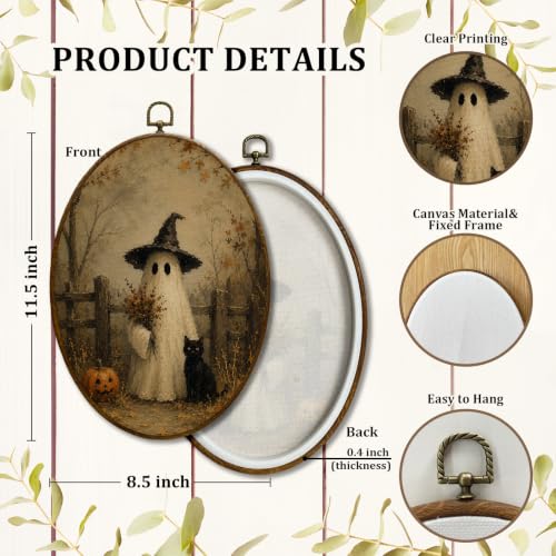 JQF Rustic Fall Halloween Ghost Oval Wall Decor Framed 8.5x11.5 Inch - color: ghost-5