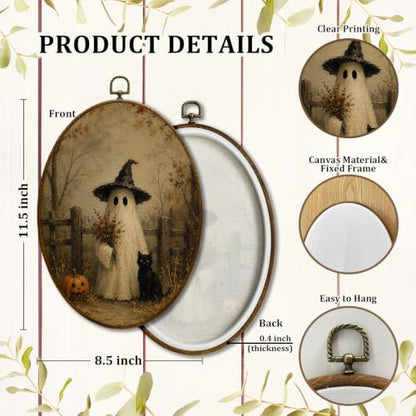 JQF Rustic Fall Halloween Ghost Oval Wall Decor Framed 8.5x11.5 Inch - color: ghost-5