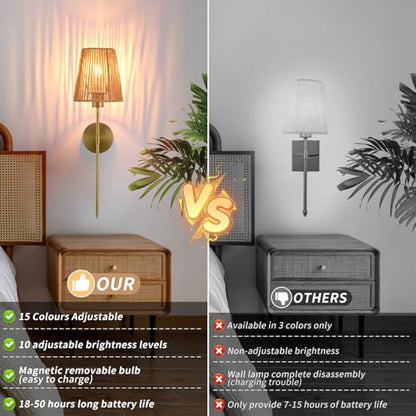 Battery Operated wall sconces Set of Two,Rattan Shade Gold with Remote Rechargeable Light Bulbs,dimmable RGB,Living Room,Bedroom,Hallway,Bathroom can be Used - color: Gold 24.4 Inch