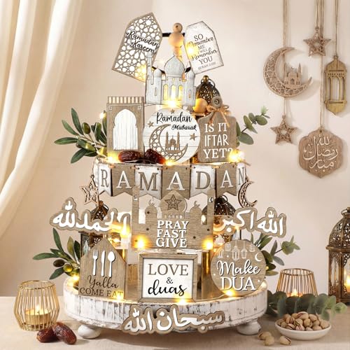 Shellwei 20 Pcs Eid Mubarak Tiered Tray Decor Ramadan Mubarak Table Decor Rustic Wooden Tabletop Signs for Home Black and Gold Muslim Islam Centerpiece for Islamic Gifts Kareem Home Table - style: Ramadan