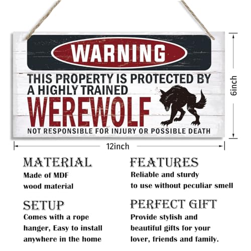Warning Sign, Werewolf Warning Wood Plaque Sign, Funny Door Signs, Decorative Wood Hanging Suspension Plaque, Farmhouse Wooden Wall Decor, Outdoor Hanging Wooden Signs - color: WEREWOLF