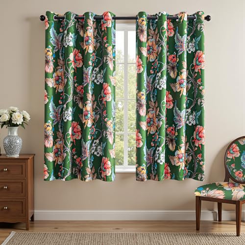 MYSKY HOME Floral Blackout Curtains 63 Inch Long Bedroom Black Out Thermal Insulated Room Darkening Curtain Printed Flower Vintage Style Grommet Window Treatments Living Room Kitchen, Pack-2, Green - color: Green, size: 52"W x 63"L (Pack of 2)