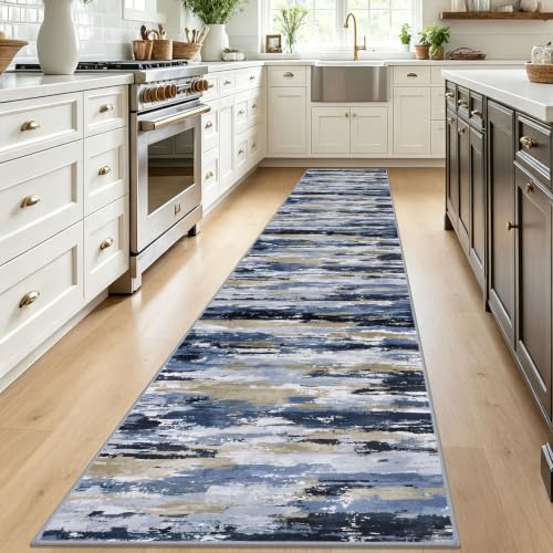 Abstract Washable Runners for Hallway 2x12 Runner Rug Non Slip - color: Navy / Blue / Taupe, size: 2' x 12' (Runner)