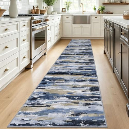 Abstract Washable Runners for Hallway 2x12 Runner Rug Non Slip - color: Navy / Blue / Taupe, size: 2' x 12' (Runner)