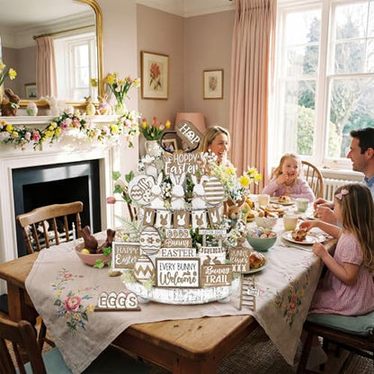 24 Pcs Easter Tiered Tray Decoration Set Easter Table Sign Farmhouse Bunny Eggs Rabbit Carrot Tabletop Centerpieces Spring Wood Blocks Signs for Spring Home Kitchen Office Holiday Party Supplies - style: Easter