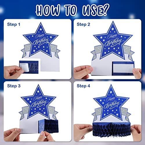 Teling 9 Pcs Happy Birthday Table Decorations Blue and Silver Decorations Navy Blue Centerpieces Happy Birthday Honeycomb Table Centerpieces for Men Women Party Supplies