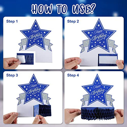 Teling 9 Pcs Happy Birthday Table Decorations Blue and Silver Decorations Navy Blue Centerpieces Happy Birthday Honeycomb Table Centerpieces for Men Women Party Supplies