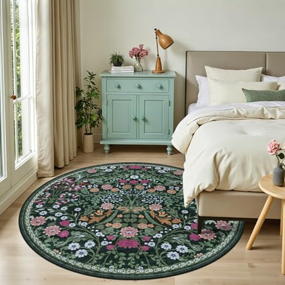 PLHXFR Round Area Rug Living Room: 6 ft Floral Washable Carpet Dark Green - color: Dark Green, size: 6' (Round)
