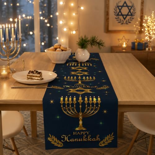 Hanukkah Decorations - Navy Blue Gold Hanukkah Table Runner - color: Navy Blue