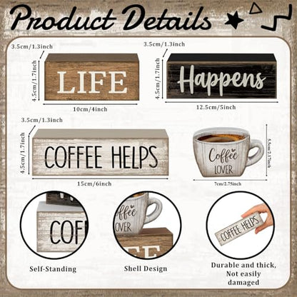 Moucuny 4 Pcs Wooden Coffee Bar Signs Farmhouse Table Decor Blocks - style: Coffee Lover