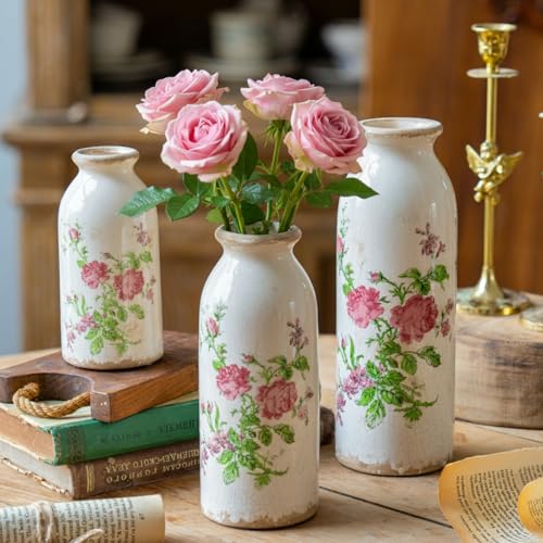 Vintage Vase Set of 3, Ceramic Vintage Flower Vases, Decorative Home Decor Retro Floral Vase Rustic Farmhouse Decor for Table Bookshelf Mantel Kitchen Living Room Office - Pink Flower - color: Pink Flora, size: set of 3