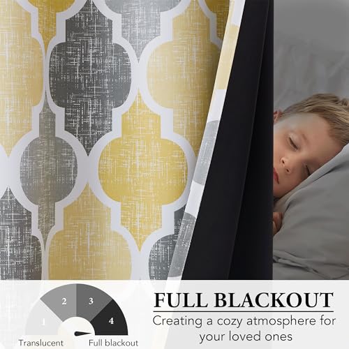 Beauoop Moroccan 100% Blackout Curtains Bedroom Yellow Grey 50x63 2 Panels - color: Rod Pocket | Yellow and Grey, size: 50"W x 63"L (Pack of 2)