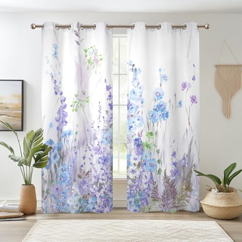 Watercolor Purple Blue Wildflower Window Curtains 2 Panels 45" L x 29" W - color: Light Purple, size: 29"W x 45"L (Pack of 2)