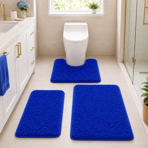 Chenille Bathroom Rug Set - 3-Piece Extra Soft & Absorbent Shag, Machine Washable Mats, Non-Slip PVC Underside, Plush Carpet Mats (Royal Blue) - color: Royal Blue