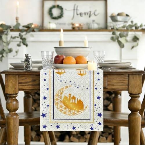Ramadan Eid Mubarak Table Runner, Golden Crescent Moon Lantern Decorative - color: Muslim Holiday