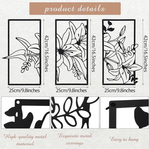 Therwen Black Metal Wall Art Minimalist Floral Hanging, Classic Style - style: Three Flower