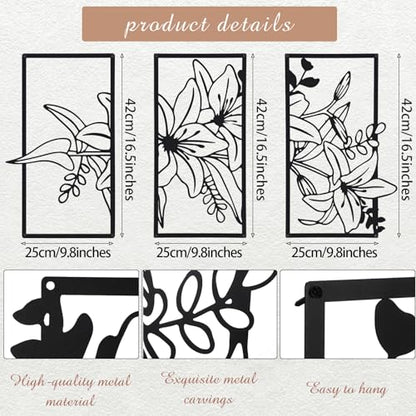 Therwen Black Metal Wall Art Minimalist Floral Hanging, Classic Style - style: Three Flower