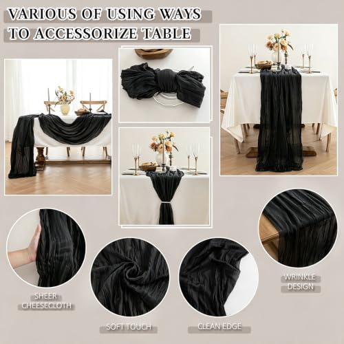 Cheesecloth Table Runner, 10 Ft, Boho Rustic, Black, 1 Pcs - color: Black