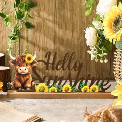 MiniInflat Sunflower Highland Cow Table Decor Hello Sunshine Metal Sign - style: Hello Sunshine
