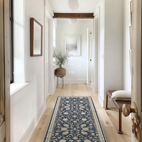 EverGrace Hallyway Area Runner Rugs 2x6, Boho Floral Faux Wool Indoor Outdoor Rugs, Washable Rugs for Bedroom Bathroom Living Room Kitchen, Low Pile Floor Mat Carpet for Home Decor, Navy Blue - color: Navy Blue Multi, size: 2'x6'