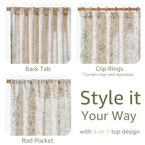 jinchan Linen Curtains 96 inch Green Floral Farmhouse Rod Pocket 2 Panels - color: Amlie Green, size: 50"W x 96"L (Pack of 2)