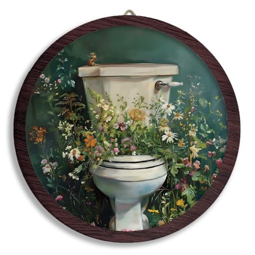 XDFVL Botanical Toilet Bathroom Wall Art Decor, Wildflowers Floral Cottagecore Framed Hanging Wooden Prints, Flower Vintage Bath Round Wall Artwork for Bathroom Restroom, 10x10 Inch - color: floral toilet