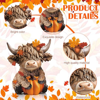 Karenhi 2 Pcs Fall Highland Cow Figurines Resin, Autumn Tabletop Decor - style: Autumn