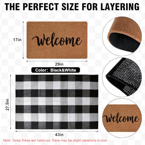 2-Piece Front Door Mat Set, Coir Welcome Mat & Black White Plaid Mat - color: Black and White