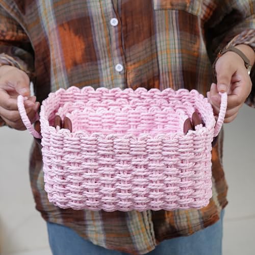 Woven Paper Rope Wicker Basket for Organizing(Set of 3,Pink) - color: Pink