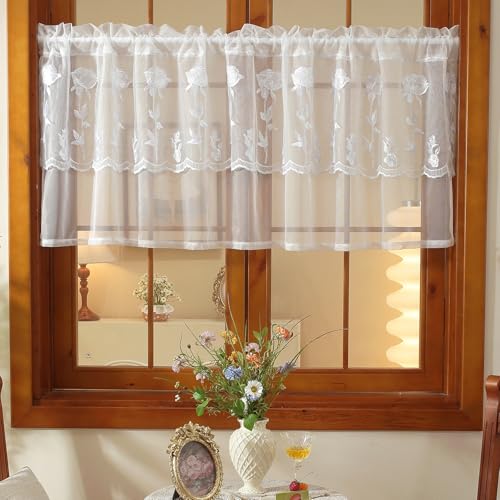 2 Panels White Rose Sheer Valances for Windows Double-Layered Lace Floral Embroidered Kitchen Curtains Over Sink Cafe Curtain, Window Short Small Drapes(White,55"x18") - color: White, size: 55"W x 18"L (Pack of 2)