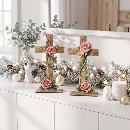 Yuntau 2 Pcs Rose Standing Cross Figurines Table Decor Wooden Rustic Catholic Statues Table Ornament Religious Pink Gift for Kitchen Mantel Home Decor Party Supplies Decoration - style: Rose Standing Cross