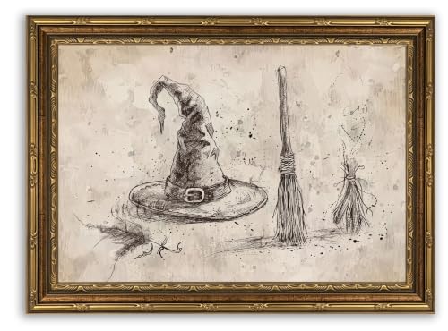 Gold Framed Vintage Halloween Witch Canvas Wall Art, Dark Academia Poster Print Artwork, Boho Minimalist Sketch Painting Picture, Neutral Witch Hat Broom Wall Decor, for Cottage Home Decor, 9x11in - color: Halloween Witch, size: 11"L x 9"W
