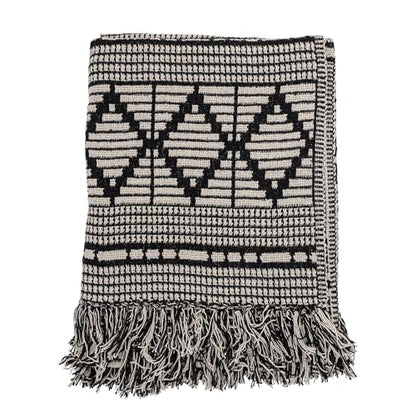 Bloomingville Soft Reclaimed Cotton Blend Throw with Diamond Pattern and Fringe, Black and Beige - color: Black and Beige