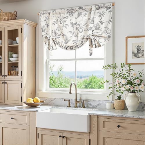 jinchan Linen Blend Kitchen Valance Curtain, Tie up, 42x45, 1 Panel, Grey - color: Botanical | Grey on Linen, size: 42"W x 45"L (Pack of 1)