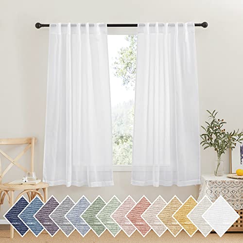 NICETOWN Linen Sheer Curtains for Bedroom Windows, Rod Pocket & Back Tab Semi Sheer Vertical Drapes Privacy with Light Filtering for Nursery/Kitchen, White, 42" Wide by 63" Long, 2 Pieces - color: White, size: 42"W x 63"L (Pack of 2)