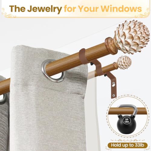Double Curtain Rod with Wood Pine Cones finials, 28"-120" - color: Wood, size: 28"-120"