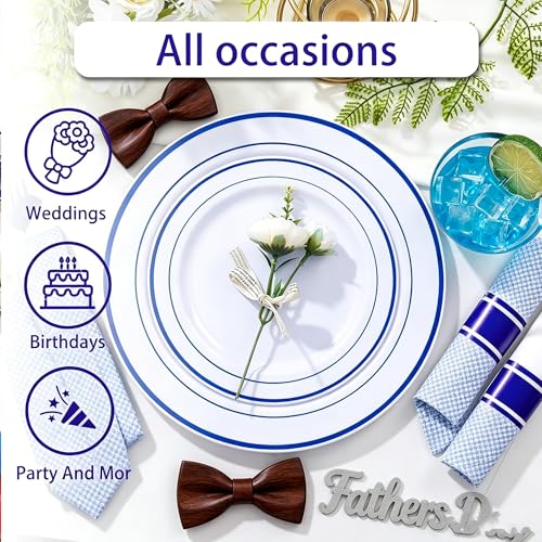 WELLIFE 210 Piece Blue Disposable Dinnerware Set,Plastic Plates for Party, Include: 30 Dinner Plates, 30 Dessert Plates, 30 Pre Rolled Napkins with Gold Silverware and 30 Gold Cups - color: Blue, style: 210PCS（30 Guests）