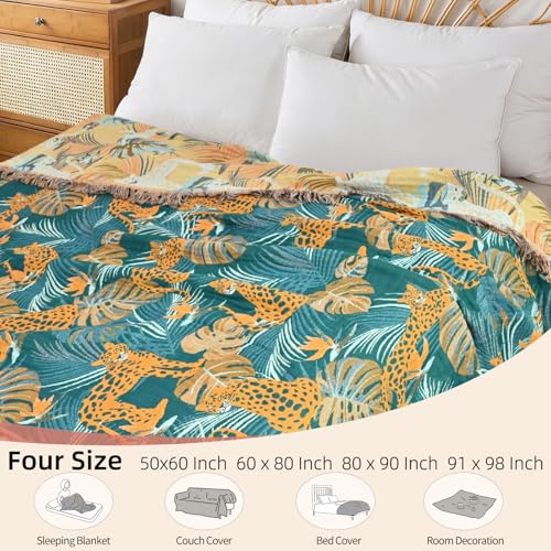 Boho Throw Blanket for Couch Bed, 100% Cotton Soft Rustic Quilt with Tassel 80''x 90'', Super Soft Bohemian Decor Reversible Sofa Bed Chair Blanket Cover for All Seasons(Floral Leopard)