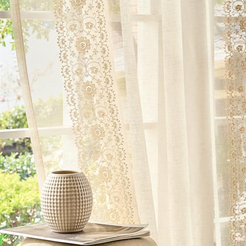 jinchan Floral Linen Curtains, Back Tab 54x96 Inch, 2 Panels Ivory - color: S | Ivory on Beige, size: 54"W x 96"L (Pack of 2)