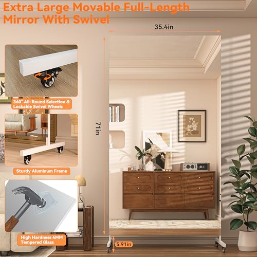 Hasipu 71" x 36" Full Length Floor Mirror on Wheels, White - size: 71"L x 36"W