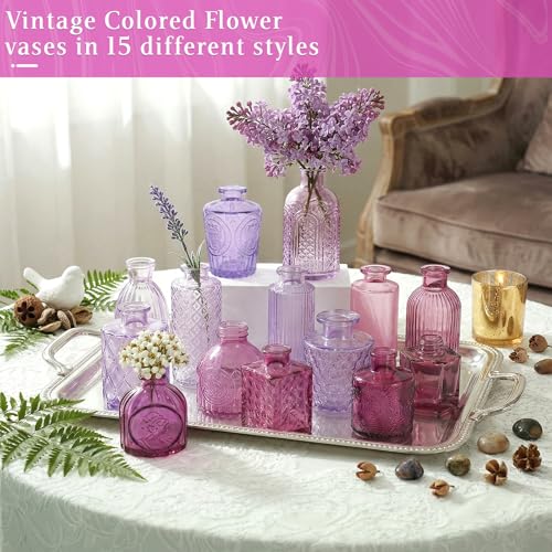 Set of 15 Purple Glass Bud Vases Small Textured Flower Vases - color: Purple