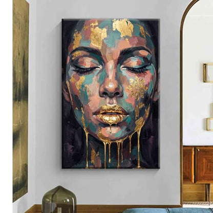 Mostemauo Abstract Face Wall Art Female Portrait Canvas Blue Gold 16x24inch Framed - color: 4, size: 16x24inch framed