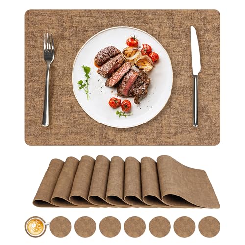 NCUE Vinyl Placemats Set of 8, 17"x12" Wipeable Place Mats with Coasters - color: Light Brown, size: Set of 8