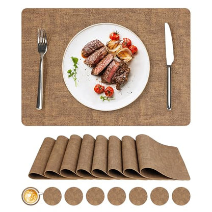 NCUE Vinyl Placemats Set of 8, 17"x12" Wipeable Place Mats with Coasters - color: Light Brown, size: Set of 8